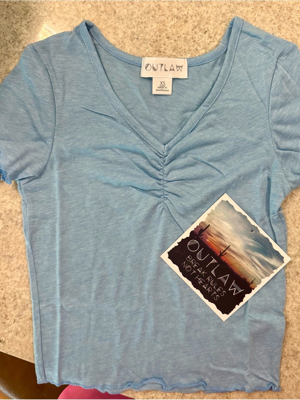 Outlaw Women's Sky Blue Ruched V-Neck Short Sleeve Tee